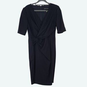 Ralph Lauren Black Label Faux Wrap‎ Gathered Waist Shift Dress Wool Navy Size 2